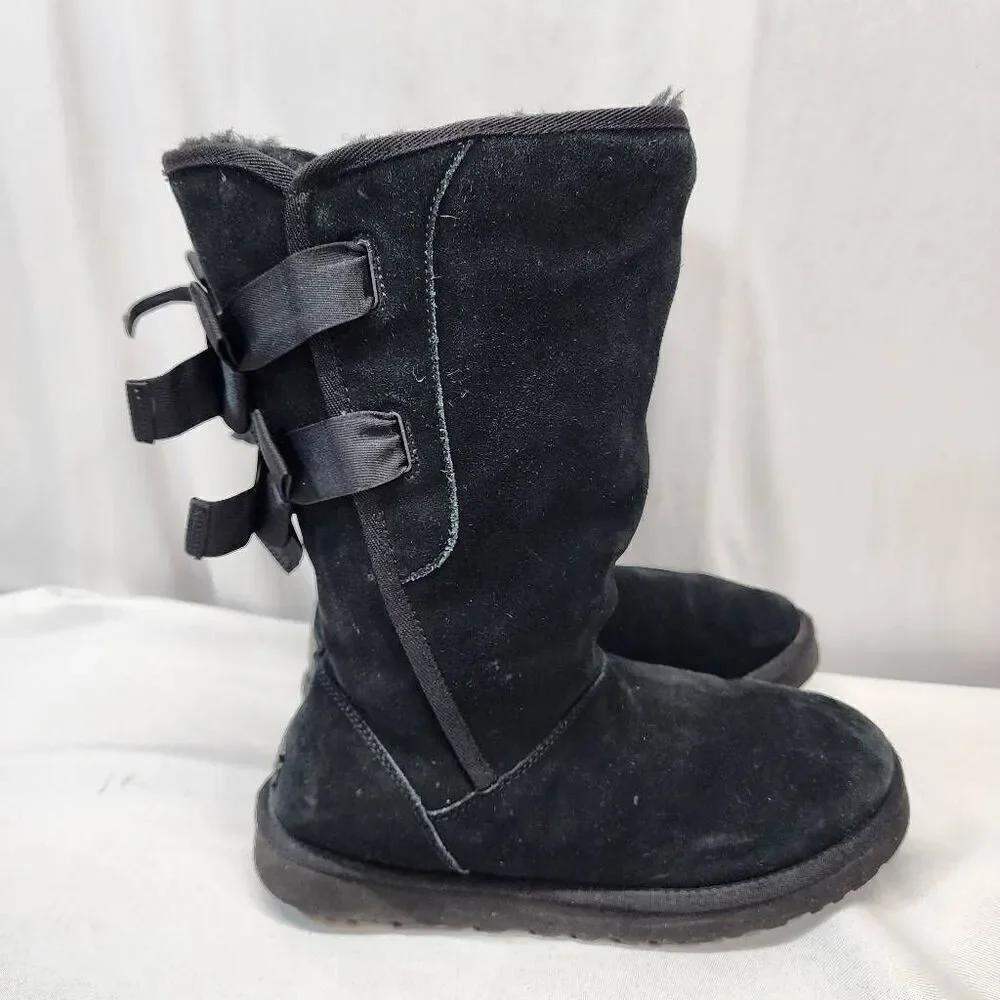 UGG Everleigh Black Suede Double Bow Mid Calf Womens 10 BOOTS Shearling Lining